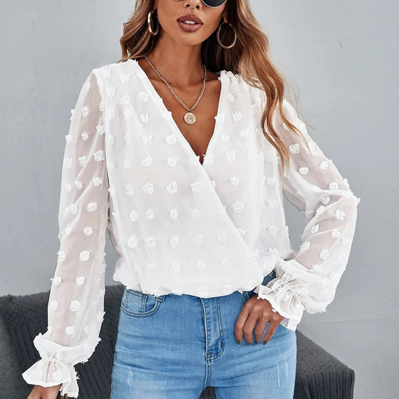 

Elegant Solid Half See Through White Blouse Sexy Women V-neck Flare Sleeve Shirts OL Lady Fashion Casual Dots Chiffon Blouses XL
