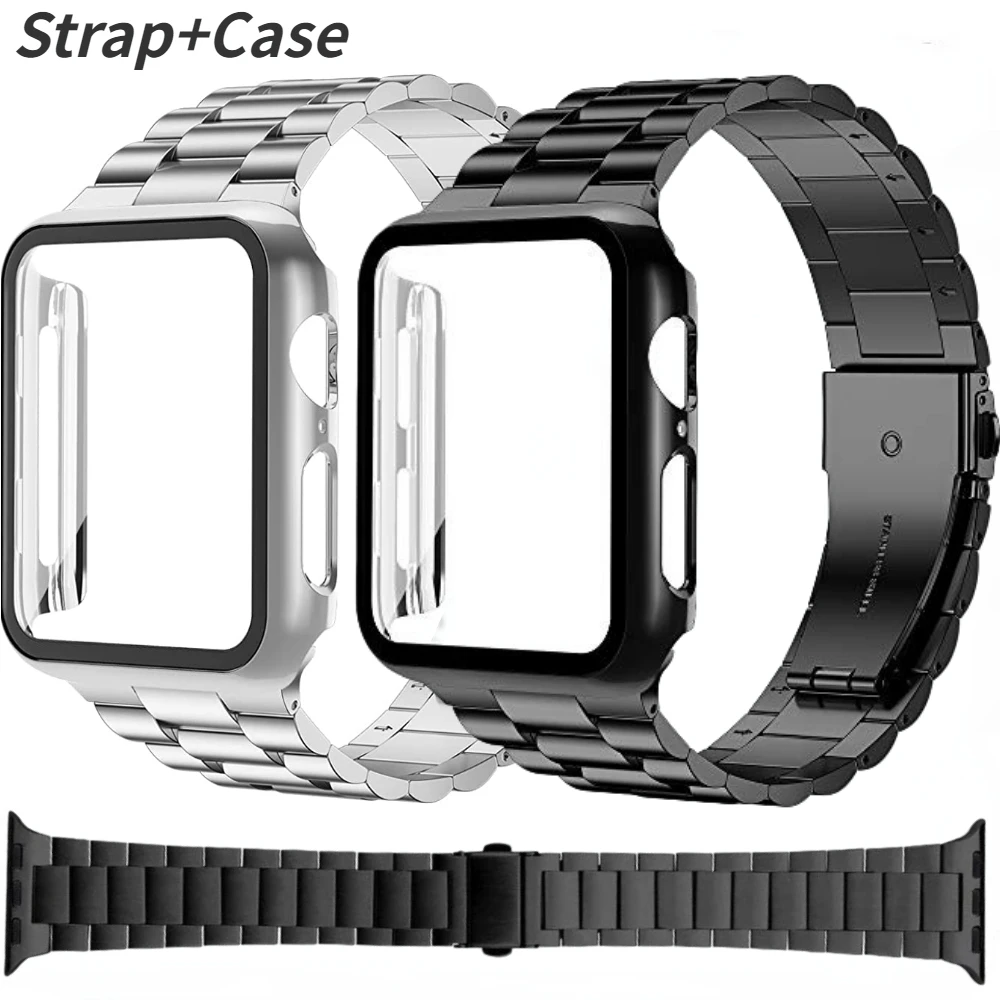 Металлический ремешок и чехол для Apple Watch Series 45 мм 41 мм 44 мм 40 мм 42 мм 38 мм, браслет из нержавеющей стали для iWatch 8 7 6 5 4 3 SE