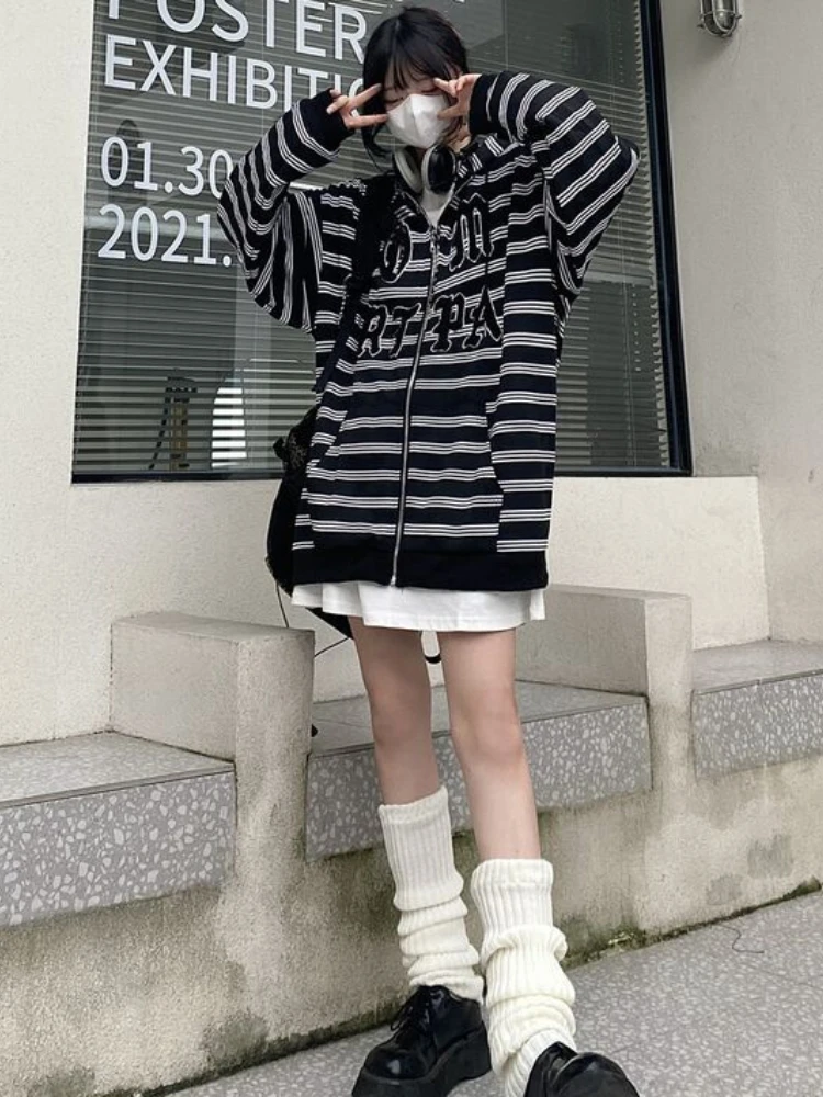 

Deeptown Harajuku Striped Zip Up Hoodies Women Vintage Gothic Oversized Sweatshirts Loose Long Sleeve Thin Couple Tops Kpop Y2K