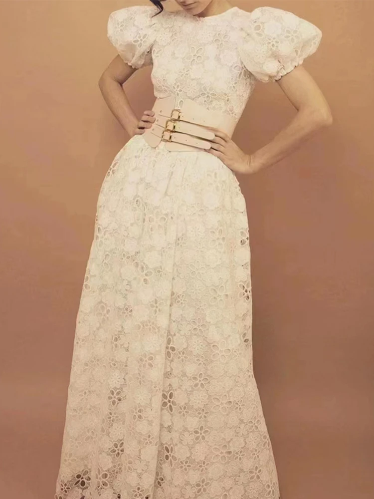 2022 Autumn Runway Fashion Vintage Dress Women White Lace Embroidery Short Sleeve Belt Ladies Party Long