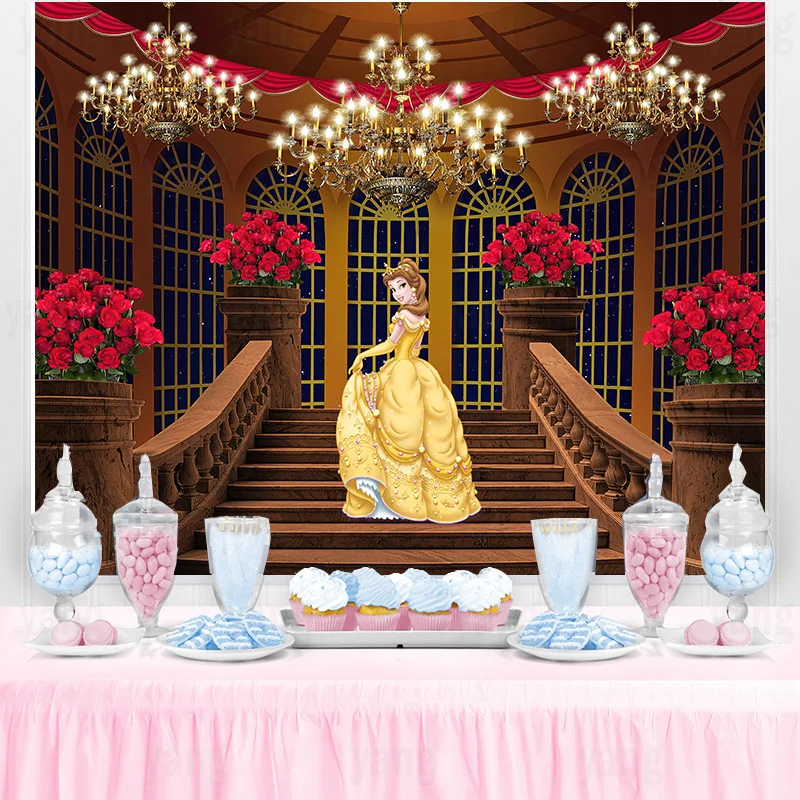 

Disney Princess Castle Dreamy Rose Wedding Beauty and the Beast Belle Backdrop Girls Birthday Party Baby Shower Banner