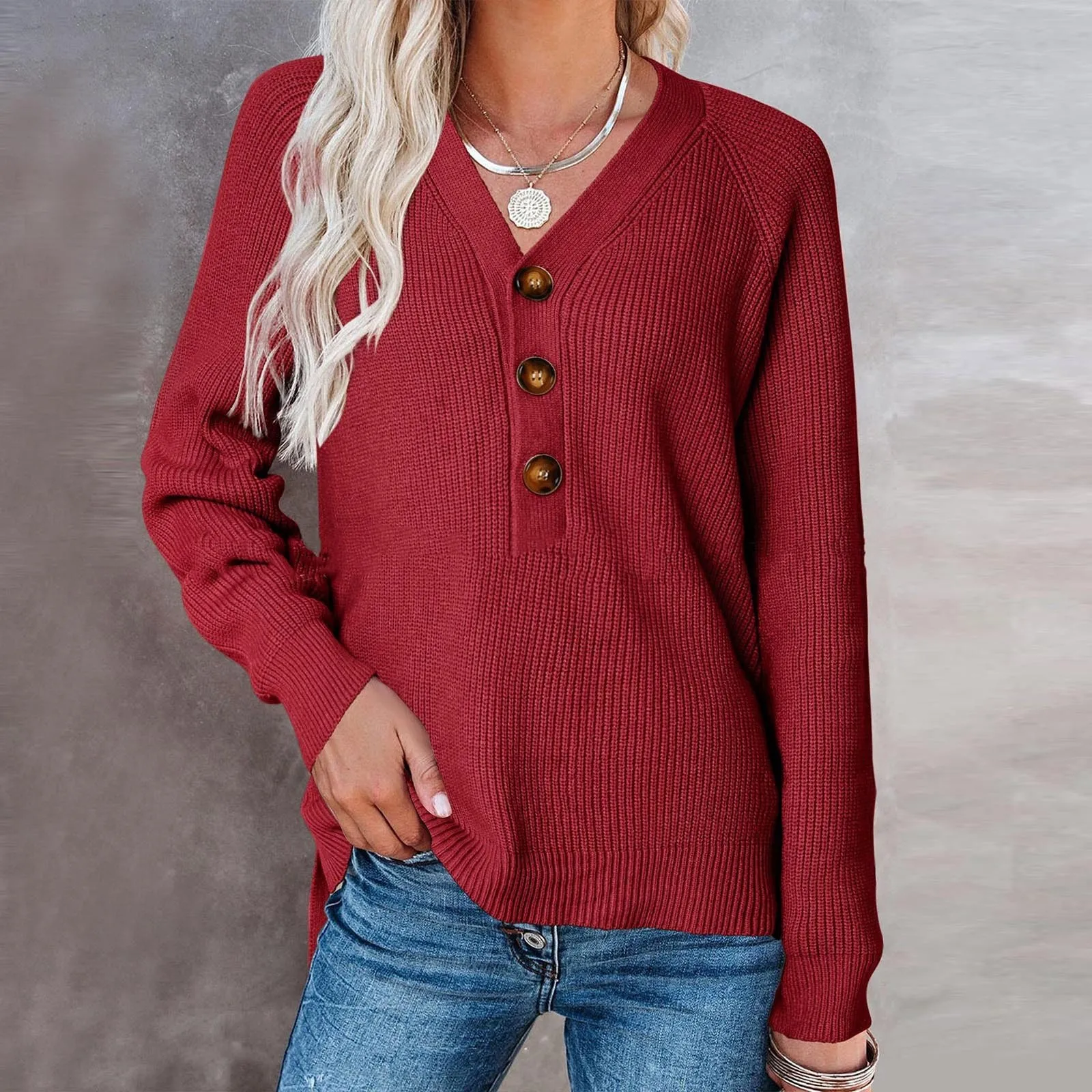 

Женский трикотажный свитер на пуговицах, с V-образным вырезом и длинным рукавом