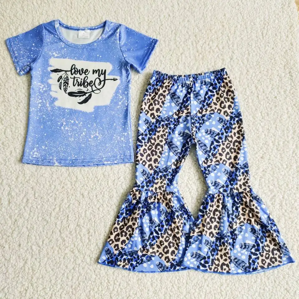 

Wholesale Love My Tribe Western New Clothes Baby Shirt Leopard Feather Purple Bell Pants Children Set Kids Fashion Spring Outfit