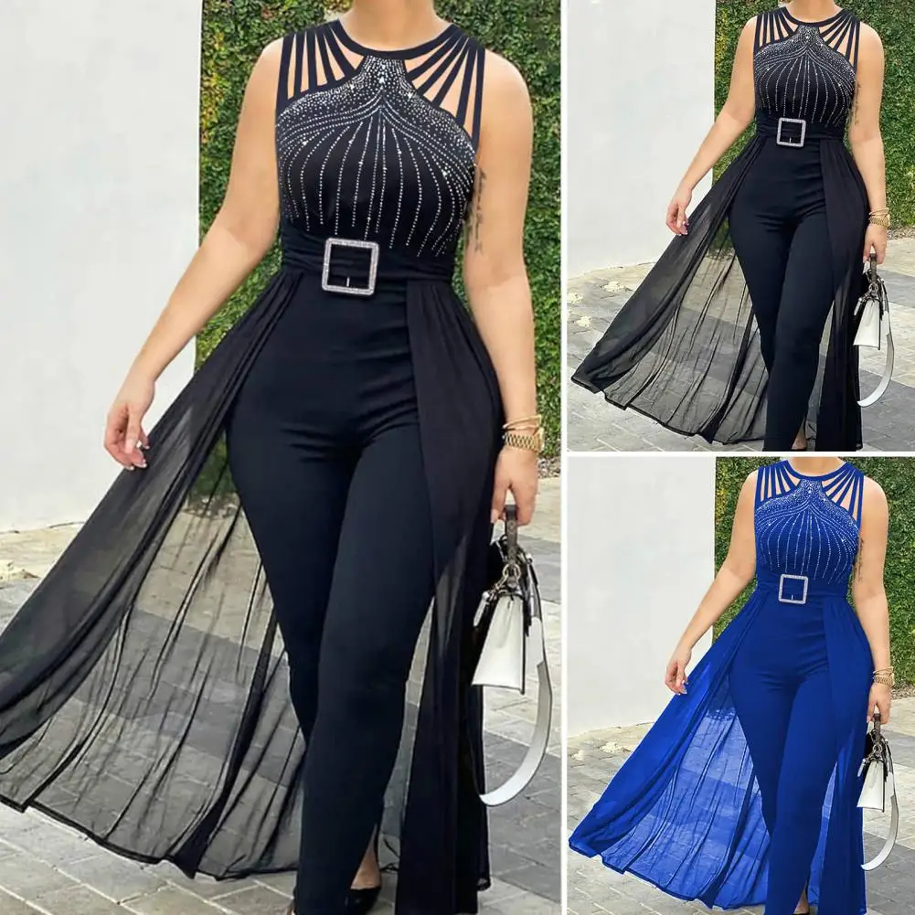 

Women Jumpsuit Shiny Rhinestone Hollow Out Multi Straps Sleeveless Slim Fit Dress Up Tight Waist See-through Mesh Summer Jumpsui
