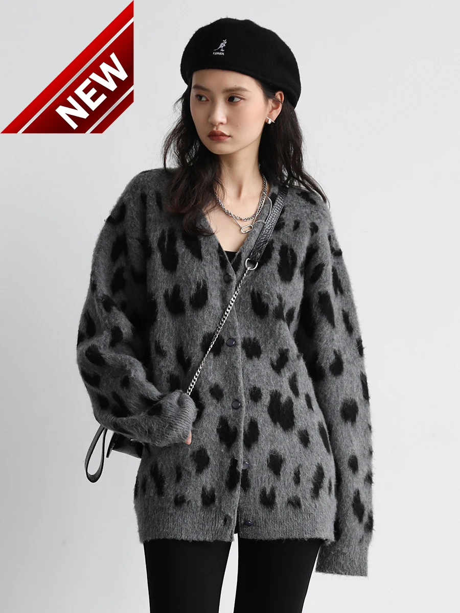 Tie Retro Dye Leopard V-neck Mohair Knitted Cardigan Coat for Women New Fashion Vintage Sweater Spring Autumn 2023