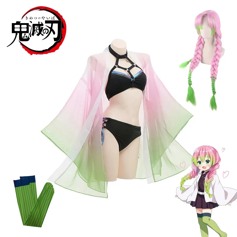 

Anime Demon Slayer Kanroji Mitsuri Cosplay Swimsuit Cardigan Swimsuit Set Summer Bikini Beach Cosplay Costume Wig Sock Gift