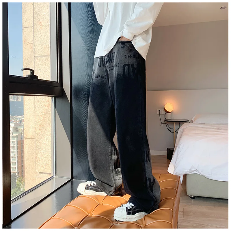DEEPTOWN Vintage Letter Jeans for Men Hip Hop Straight Denim Pants Man Loose Casual Trousers Male Streetwear Clothes Oversize