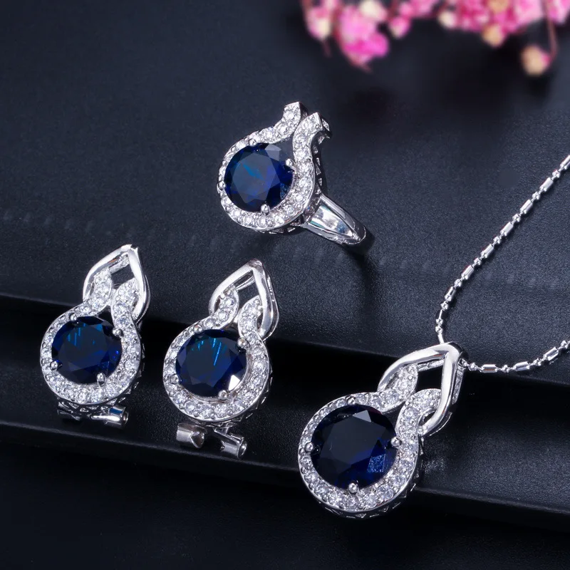 

Top Brand Cubic Zircon Jewelry Fashion Round Light Blue Zircon Crystal Necklace Earring and Ring Set for Women Gift