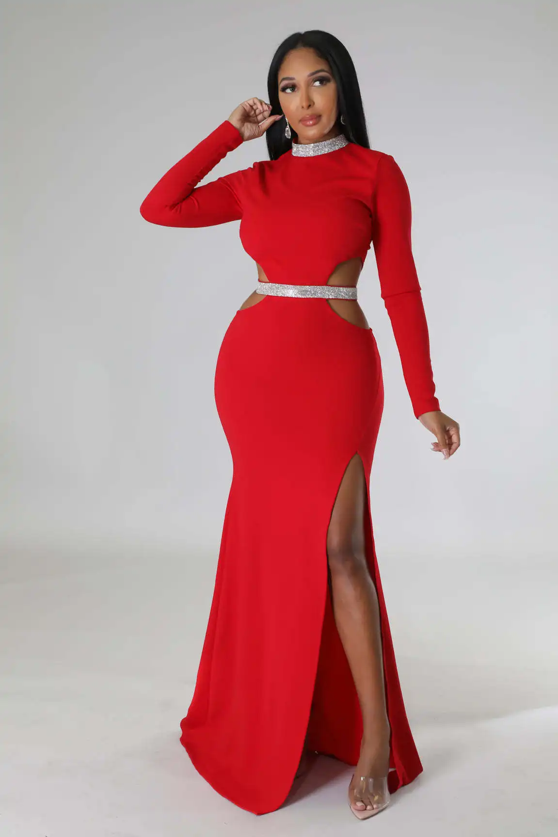 

Autumn Winter Fashion Party Dress Women's Sexy High Neck Long Sleeve Vent Long Dress Elegant Slim Party Dress Women