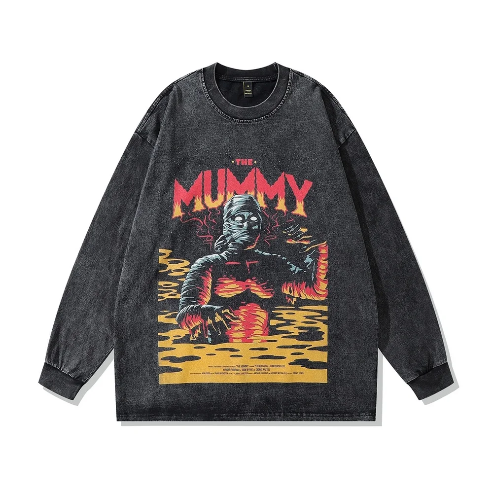 

Mummy Graphic Print Gothic Harajuku T-Shirt Hip Hop Streetwear Washed Black 2023 Men Cotton Long Sleeve Tshirt Loose Oversized