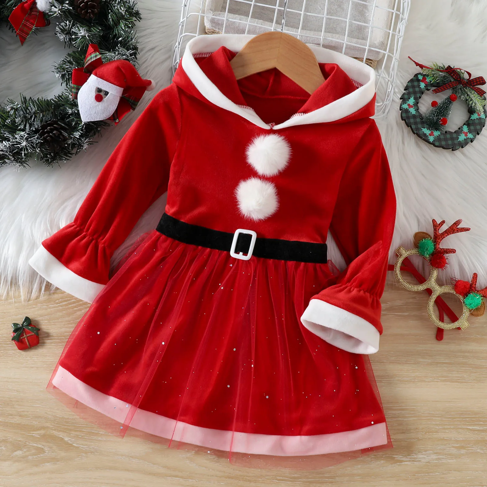 

Toddler Girls Dress Party Christmas Dress 2022 New Winter Fleece Hooded Long Sleeve Tulle Dress Infant Girls Princess Dresses