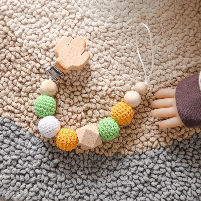 

Baby Pacifier Chain Wooden Clip Crochet Beads Wood Handicraft Ring Engraving Baby Christmas Gift Beech Material Animal Picture