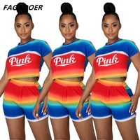 fagadoer casual pink letter print women two piece set new summer rainbow crop top t shirts and rainbow short pants 2pcs outfits