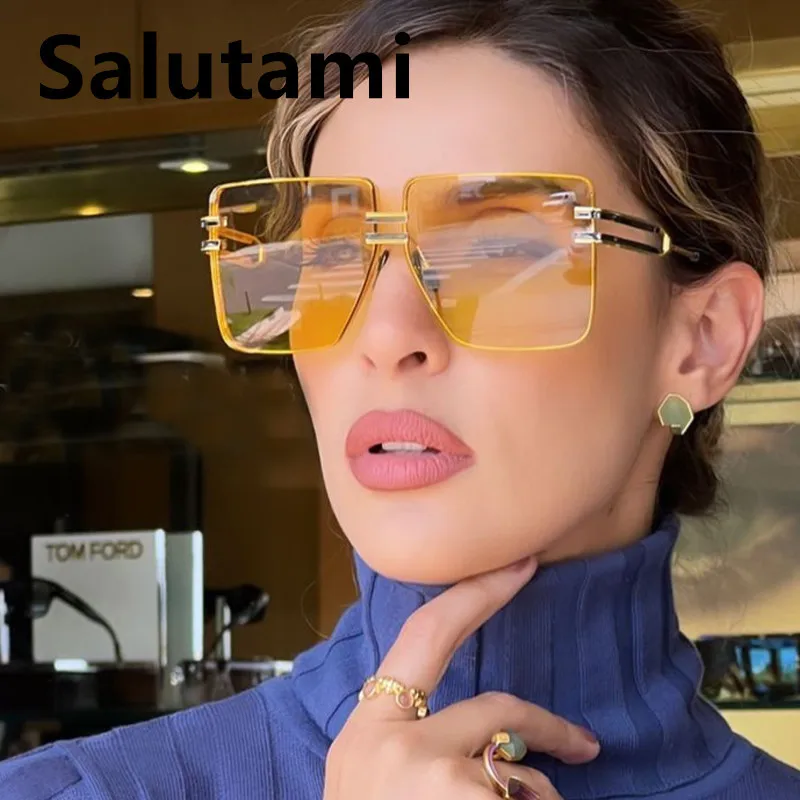 

Новинка, модные брендовые солнцезащитные очки без оправы, квадратные очки для женщин, винтажные, из сплава, большие, желтые, синие градиентн...