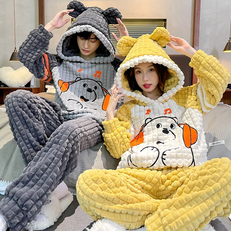 

Пижама для пары из кораллового флиса QUHENG, зимний костюм 2022 года, фланелевая Мужская и женская одежда для сна с длинными рукавами, пижамные ко...