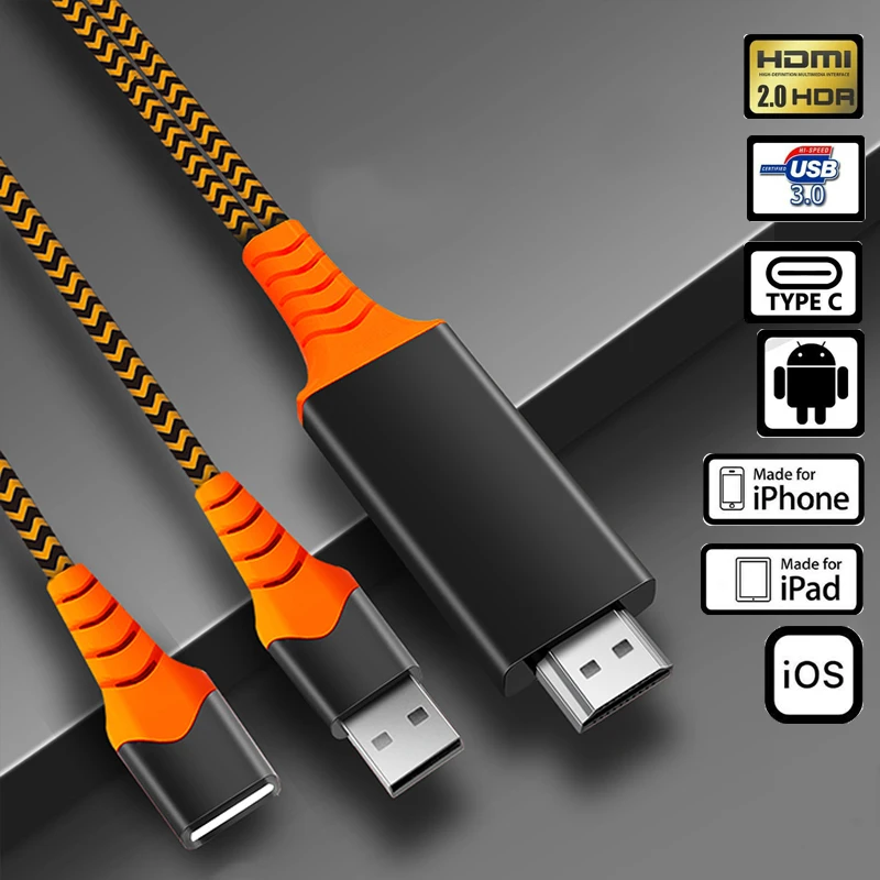 3 In 1 USB Female To HDTV 1080 Adapter Male Mirror Cable Mobile Phone Universal Support Type-C Lightning iOS Cord Share Screen