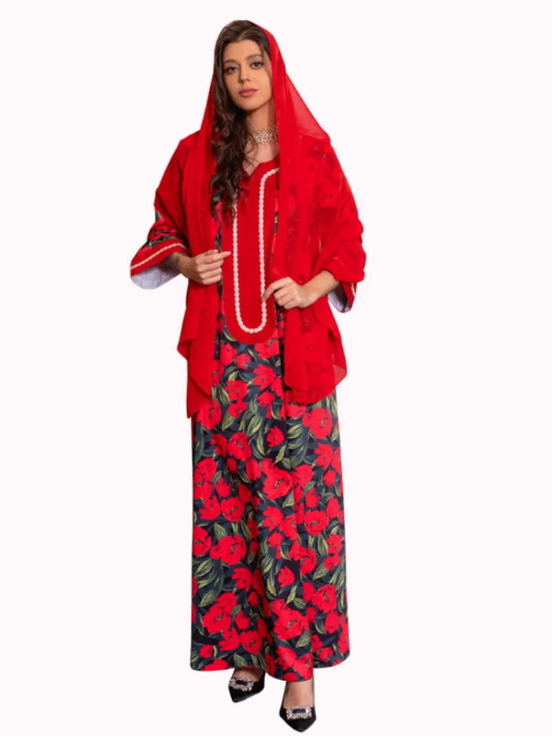 Eid Muslim Women Abaya Morocco Party Dress Abayas Elegant Print Floral Long Sleeve Robe Dresses Ramadan Musulman Maxi Vestidos