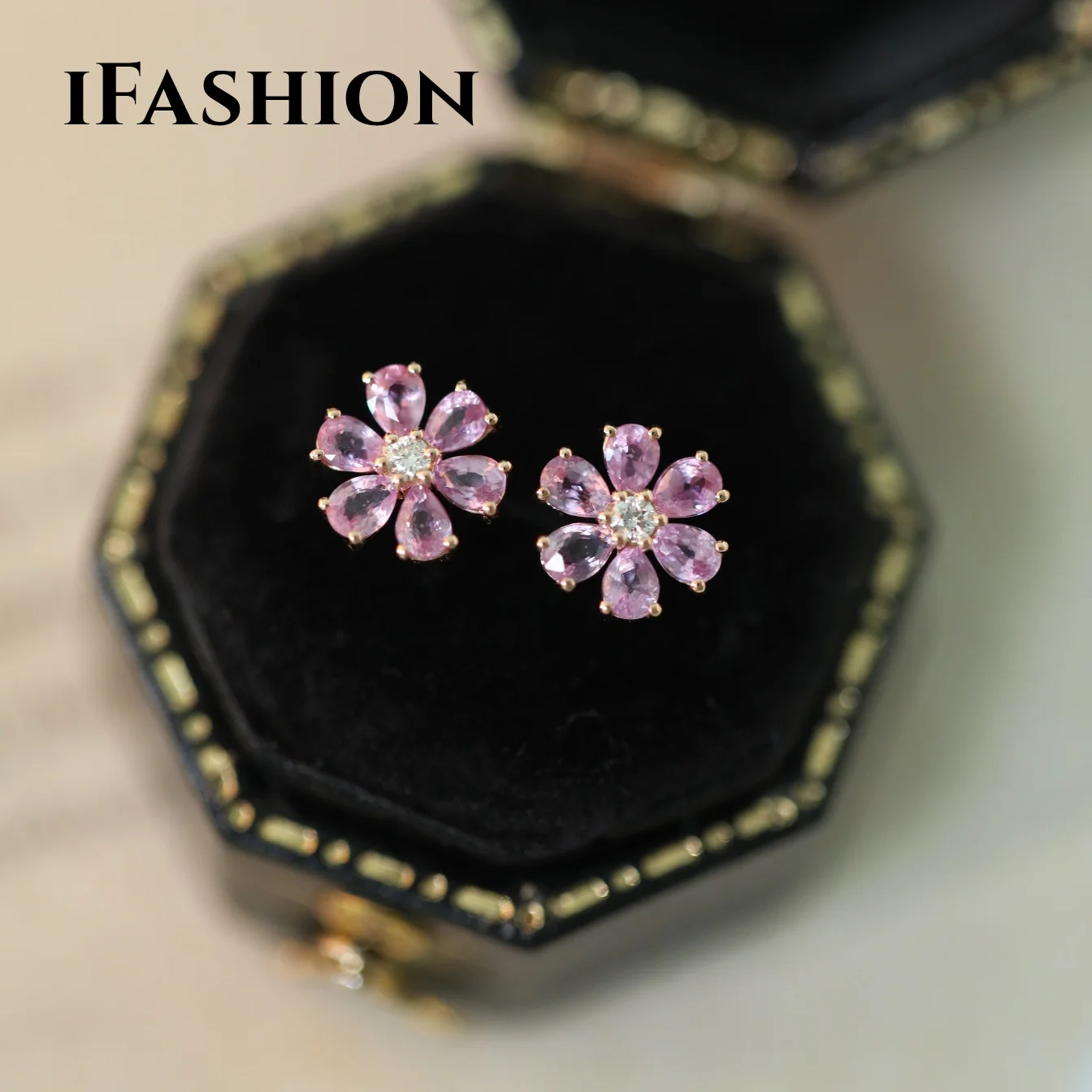 

IFASHION 18K Pure Gold Earring Pinkl Sapphire Sakura Real AU750 Solid Gold Upscale Trendy Classic Party Women Fine Jewelry
