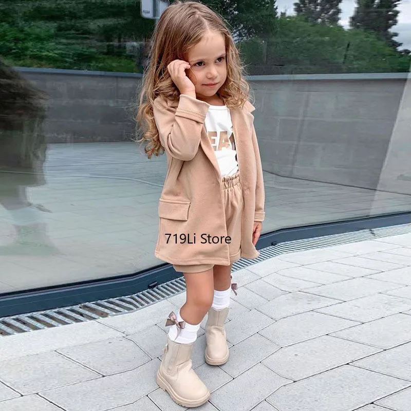 

2022 Kids Casual Suits For Children Clothing Sets Fashion Khaki Long Sleeve Kids Clothes Baby Girls Children Jacket Short Pants