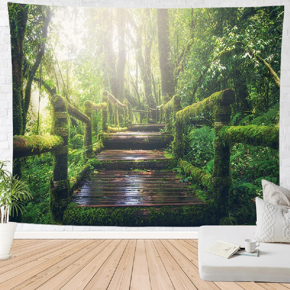 

Wooden Bridge Stream Water Print Tapestry Mountains Lake Boat Pattern Tapestries Bedroom Living Room Dorm Home Deco Wall Hanging