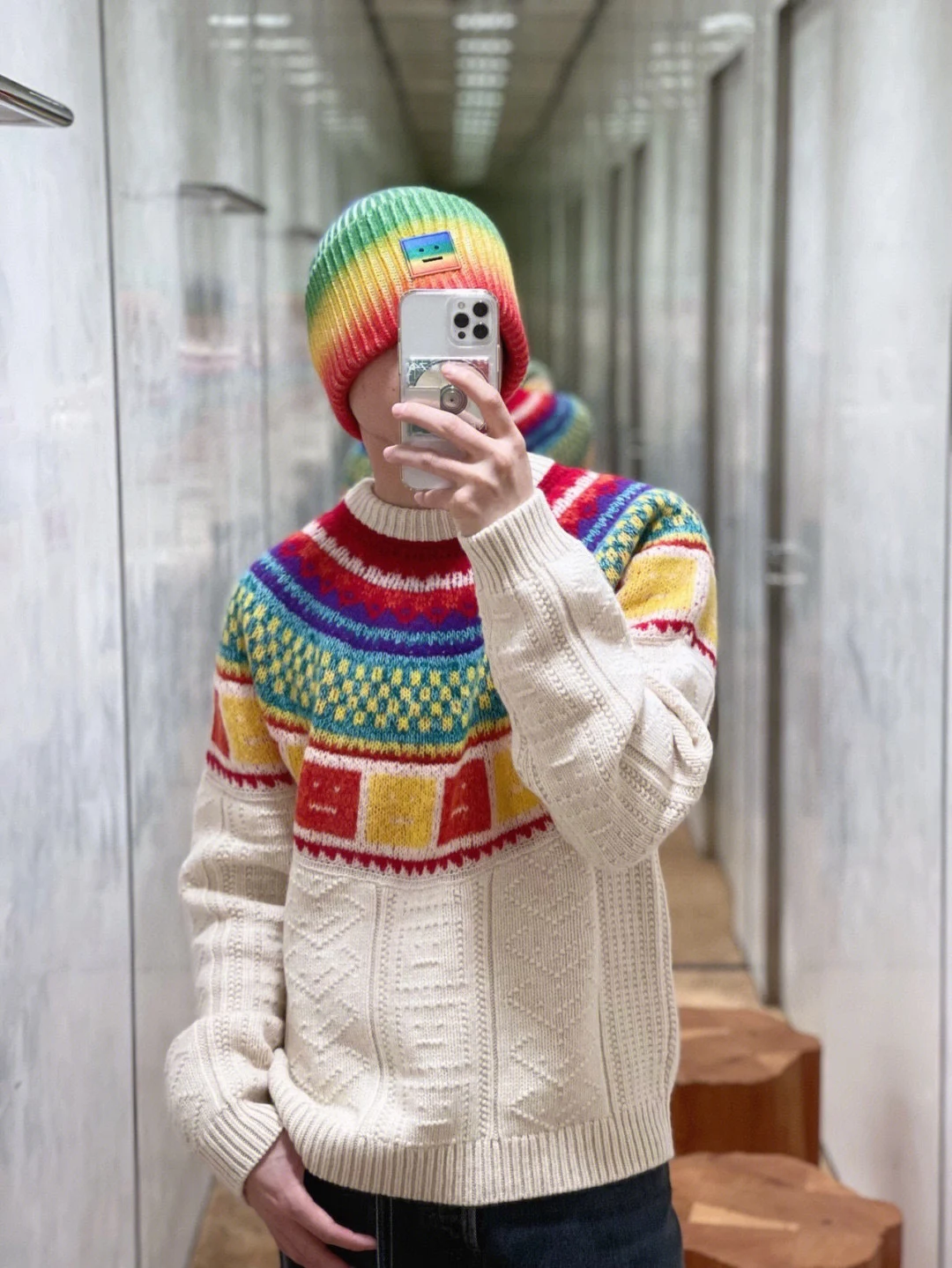 

2022 Ac Studios осень-зима переделка 10 цветов Сращивание радуги винтажный свитер с круглым вырезом толстовки