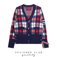 spring and autumn new tb contrast color plaid sweater coat cardigan women v neck long sleeved knitted top