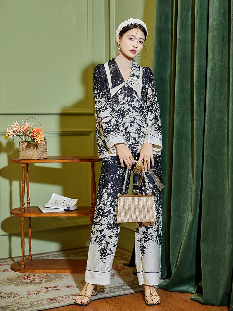 Pajamas ice silk two-piece set 2022 new fashion printing suit high-end silk sleepwear set two piece set summer