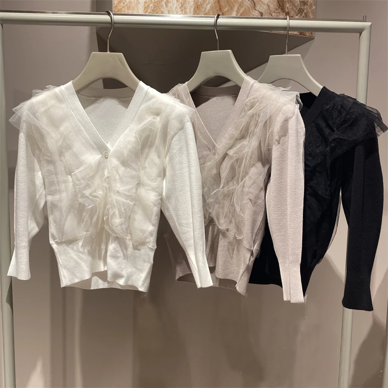 

2023 Japanese V Neck Pull Femme Knitted Pullover Ruffles Mesh Patchwork Solid Color Jumpers Long Sleeve Slim Sweaters