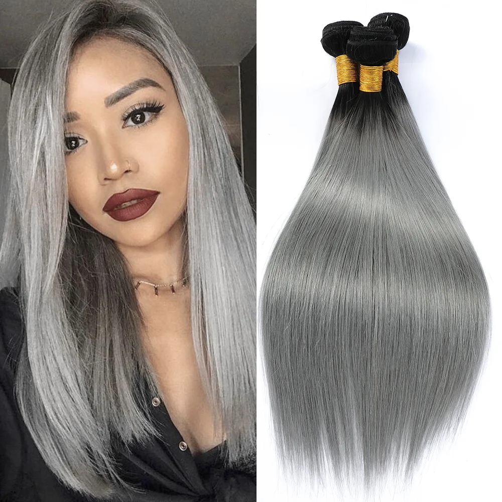 NY Remy Hair 1B/Grey Straight Style Colored Human Hair Bundles Ombre Grey Hair For Black Women