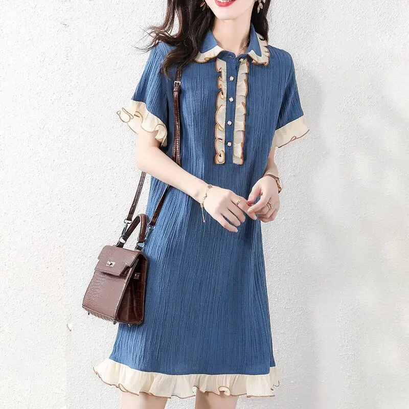 

2022 Summer Large Size Women's Clothing Sweet Loose Blue Age-reducing Party Dress Fashion Stitching Doll Collar Casual Dresses