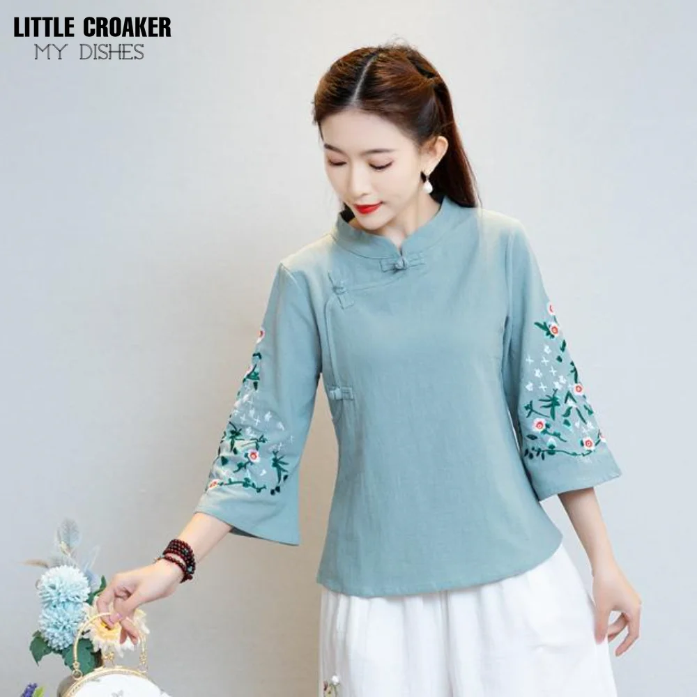 

2023 New Chinoiserie Tang Style Women's Vintage Cotton Hemp Embroidery Diagonal Top Zen Tea Dress Women's Picking Ear Clothes