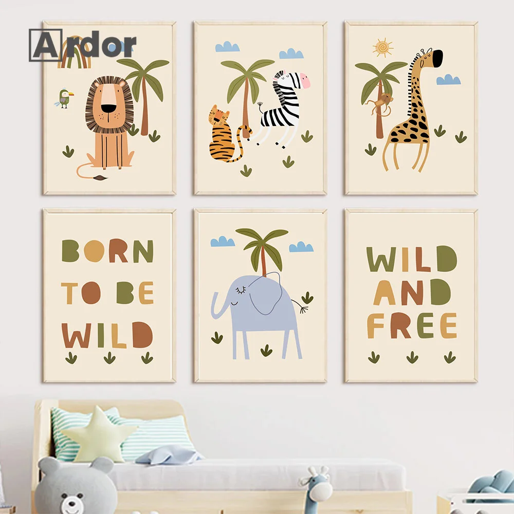 

Safari Jungle Animals Lion Giraffe Zebra Elephant Canvas Painting Nordic Poster Wall Art Print Picture Baby Kids Room Decoration