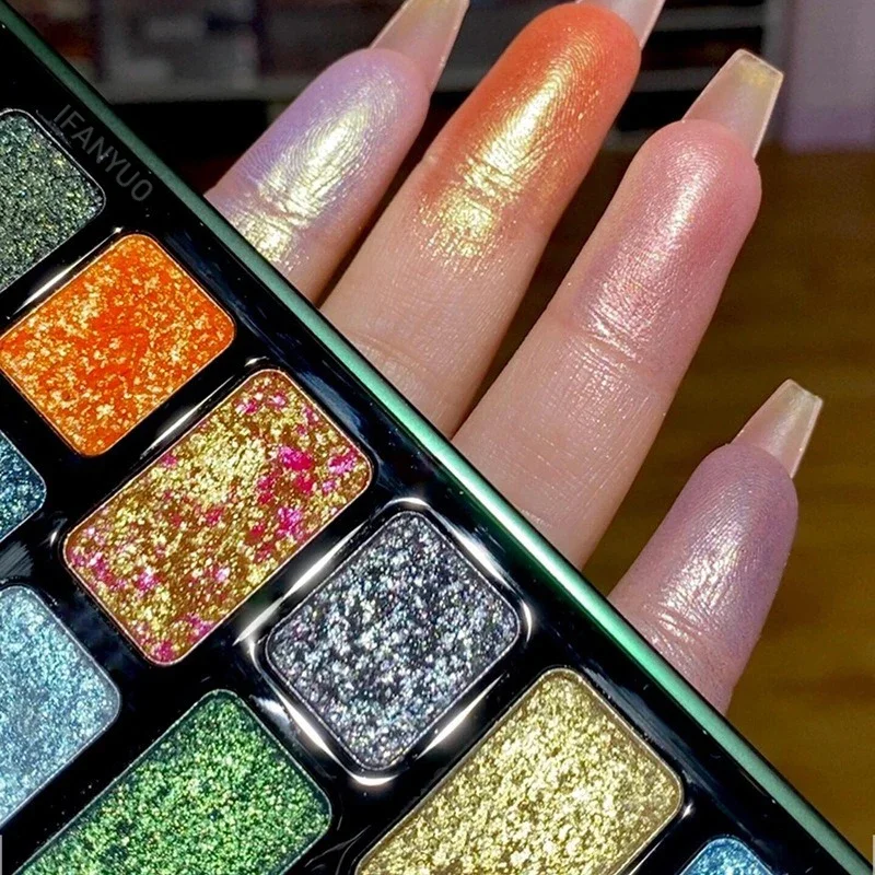 Палитра теней для век 16 цветов темно-зеленые оттенки жемчужные блестки блестящие