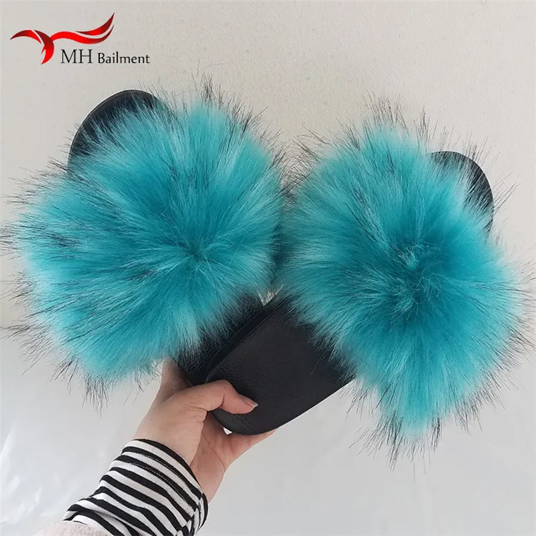 Large Flully Fur Slides For Women Indoor Shoes Faux Fox Fur Slippers Plush Sandals Flats Woman Raccoon Fur Flip Flops