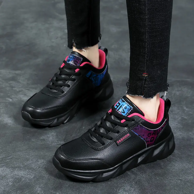 New Casual Fashion Women's Vulcanize Shoes High Quality Leather Women's Sneakers Big Size Walking Lace Up Women's Running Shoes