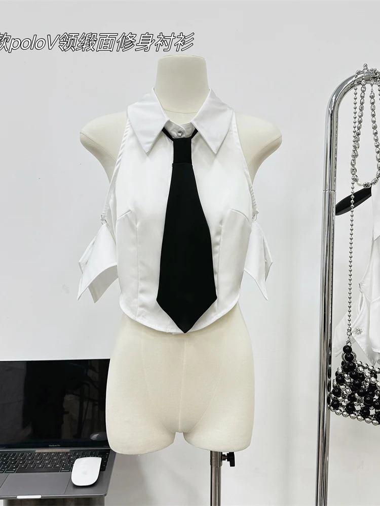 

Summer Women Sleeveless Shirt Blouse With Tie Gyaru Crop Tops 2000s Aesthetic Japanese Fashion Y2k Streetwear Harajuku Design