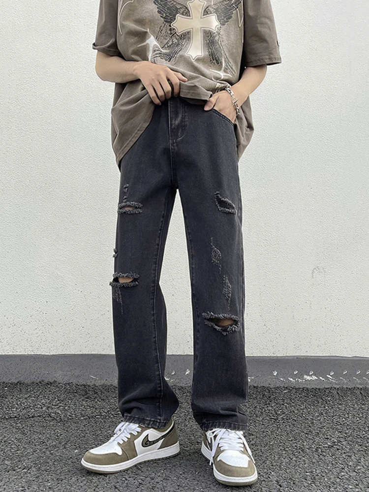 Vintage Distressed Yellow Wash Denim Jeans for Men Trendy Streetwear Baggy Jeans, Straight Leg Casual Trousers