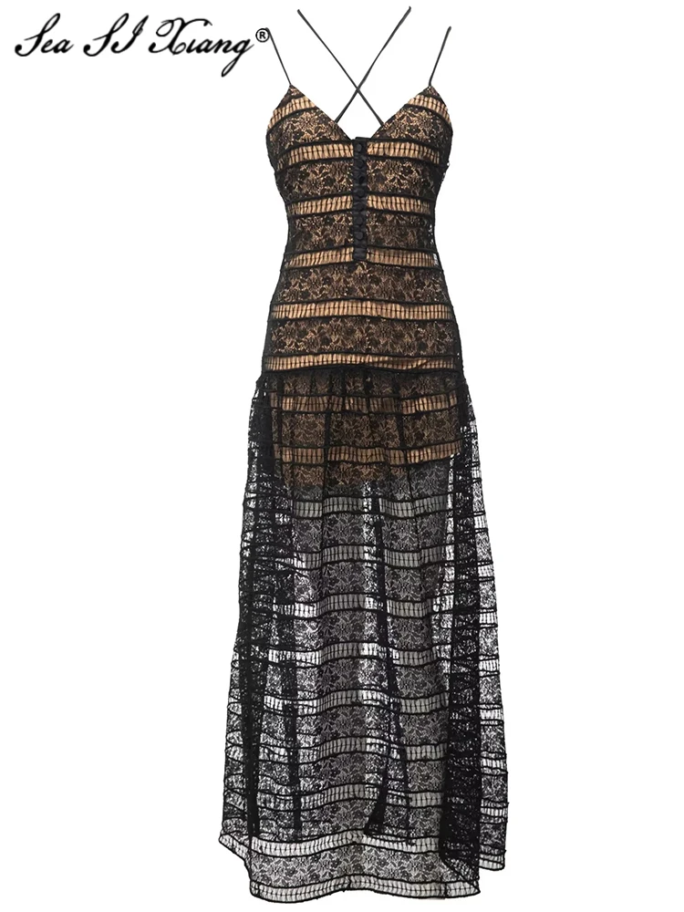 

Seasixiang Fashion Designer Summer Dress Women Spaghetti Strap V-Neck Sleeveless Hollow Out Vintage Backless Long Dresses