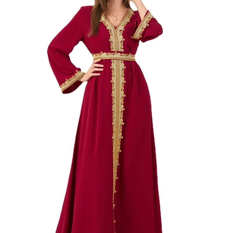 

Dubai Abayas 2022 Elegant Lace Embroidery V-Neck Long Sleeve Party Dress With Belt Islam Oman Qatar Morocco Dresses For Women