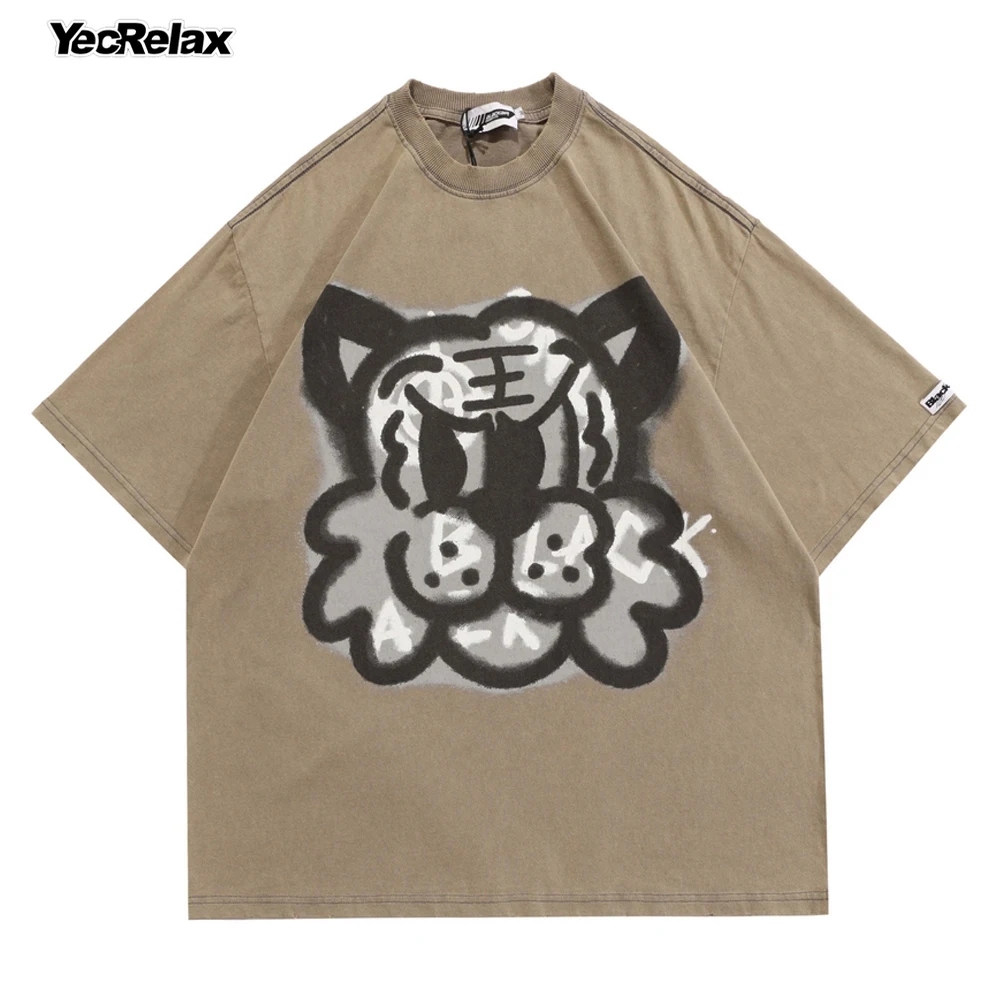 

2022 Men Hip Hop Streetwear T-Shirt Graffiti Funny Retro Vintage Tiger T Shirt Harajuku Washed Tshirt Mens Short Sleeve Top Tee
