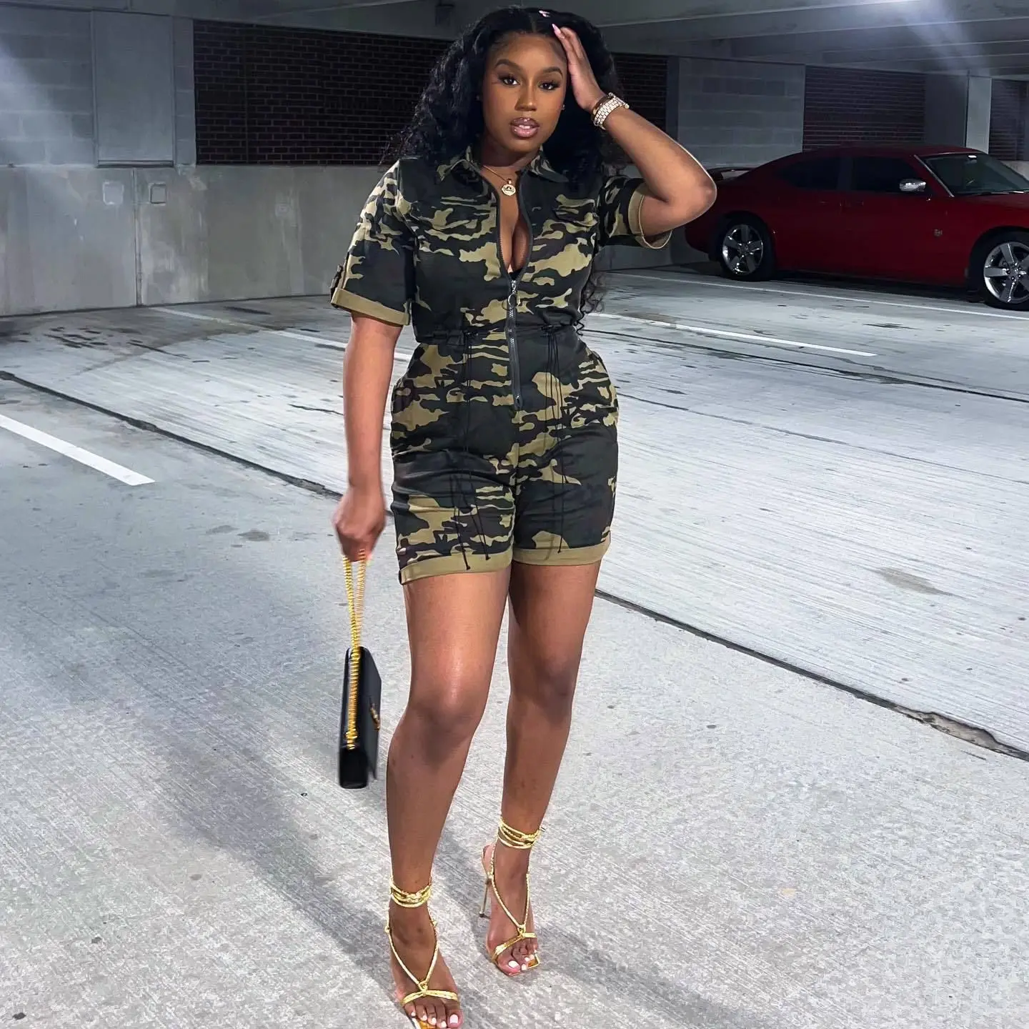 Plus Size Women Zipper Jumpsuit Camo Print V Neck One Piece Cloth Female Short Pants 2023 Summer Fashion Elegant Jumpsuit