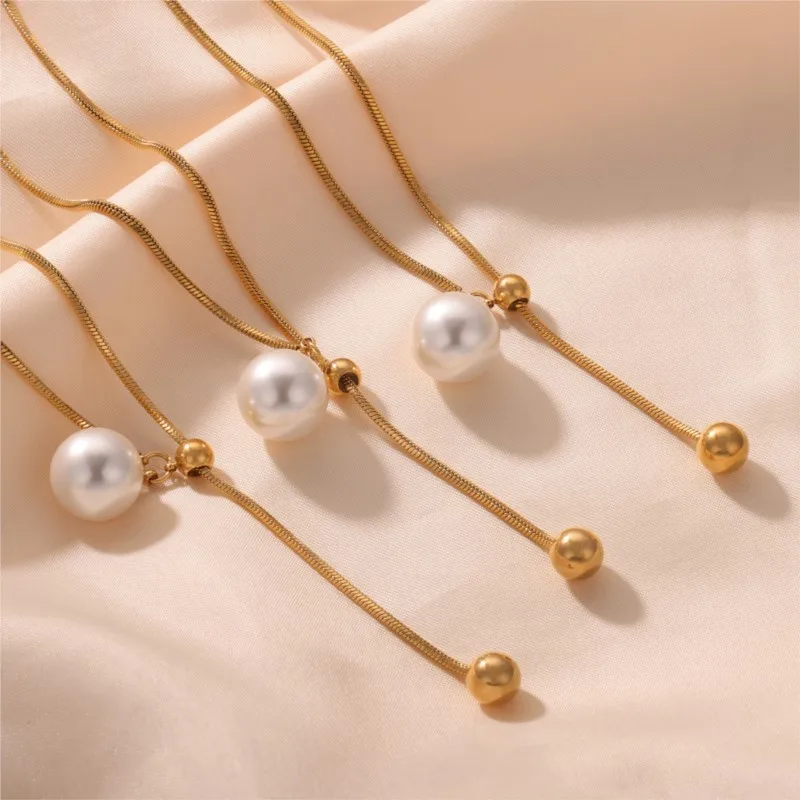 Ожерелье с жемчужным кулоном из нержавеющей стали для женщин позолоченная