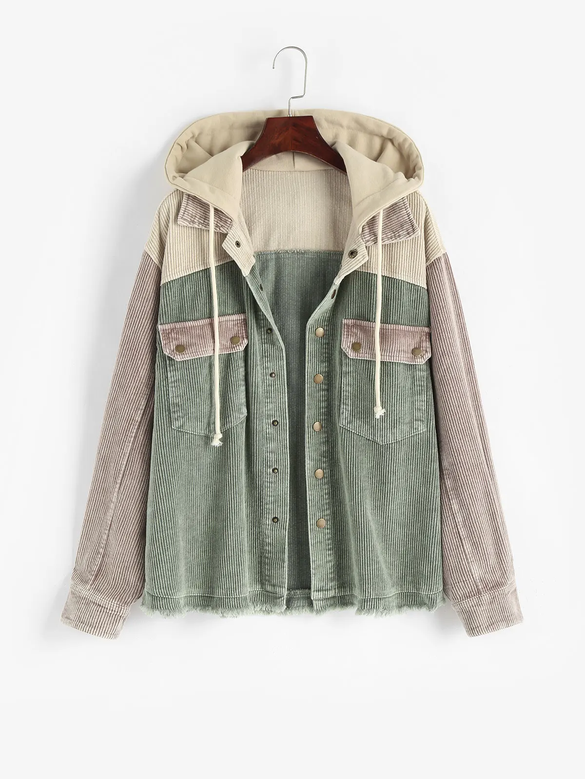 

ZAFUL Hooded Colorblock Corduroy Pocket Frayed Jacket Women Button Up Drawstring Coat Autumn Spring Fashion Clothing