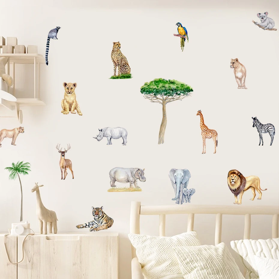 Pegatina de pared de vinilo extraíble para decoración del hogar, vinilo con diseño de animales salvajes de África, León, Tigre, árbol, habitación infantil, sala de juegos