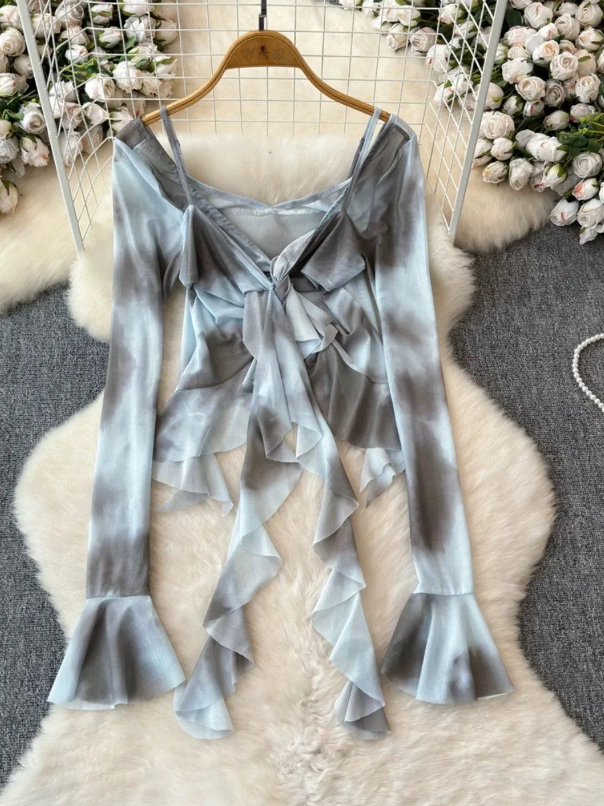 Y2K Ins Chic Tie Dye Женские топы Осенняя лента Sexi Уличная одежда Блузка с запахом Рубашки