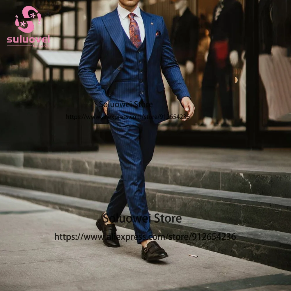 Fashion Stripe Slim Fit Suit For Men 3 Piece Jacket Vest Pants Set Formal Groom Wedding Peaked Lapel Tuxedo Male Business Blazer