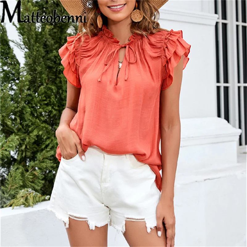 

Summer Wide Sleeve Ruffle Lace-Up Pullover Blouse Elegant Solid V-Neck Cotton Linen Top New Women Casual Office Shirt Streetwear