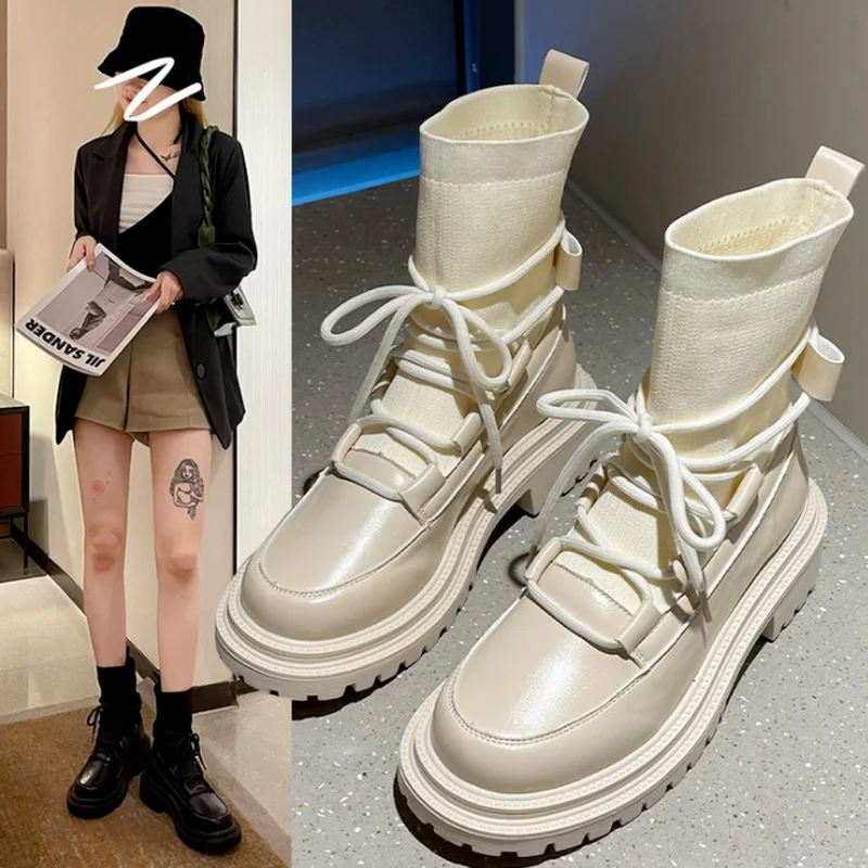 

Women's Stretch Boots 2022 New Fashion Autumn Knitted Breathable Thick-soled Women's Shoes Non-slip Fashion Lace-up Ankle Boots
