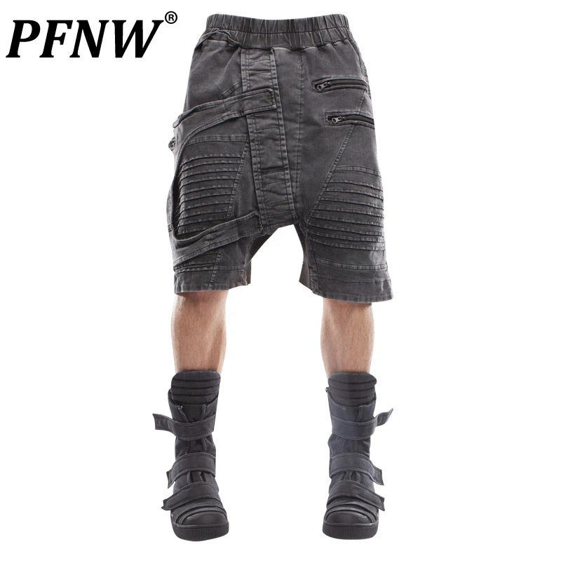 

PFNW Spring Summer Men's Baggy Fashion Asymmetrical Vintage Knee Length Tide Tie Dye Pockets Casual Elastic Waist Pants 12A7239