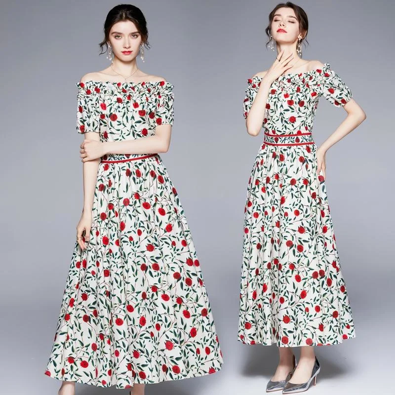 

Slash Class Neck Occident Socialite Robe Feminino Big Swing Red Floral Shoulderoff Vestidos Elegant Slim High Waist Dresses